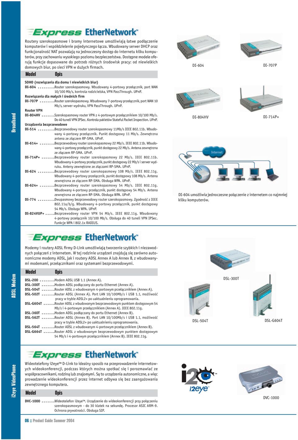 Dostępne modele oferują funkcje dopasowane do potrzeb różnych środowisk pracy: od niewielkich domowych biur, po sieci VPN w dużych firmach. SOHO (rozwiązania dla domu i niewielkich biur) DI-604.
