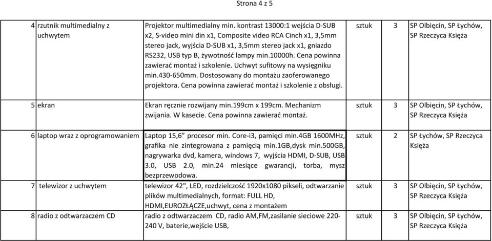 Cena powinna zawierać montaż i szkolenie. Uchwyt sufitowy na wysięgniku min.430-650mm. Dostosowany do montażu zaoferowanego projektora. Cena powinna zawierać montaż i szkolenie z obsługi.