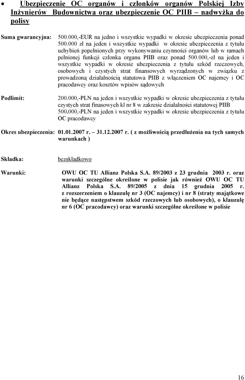 000 zł na jeden i wszystkie wypadki w okresie ubezpieczenia z tytułu uchybień popełnionych przy wykonywaniu czynności organów lub w ramach pełnionej funkcji członka organu PIIB oraz ponad 500.