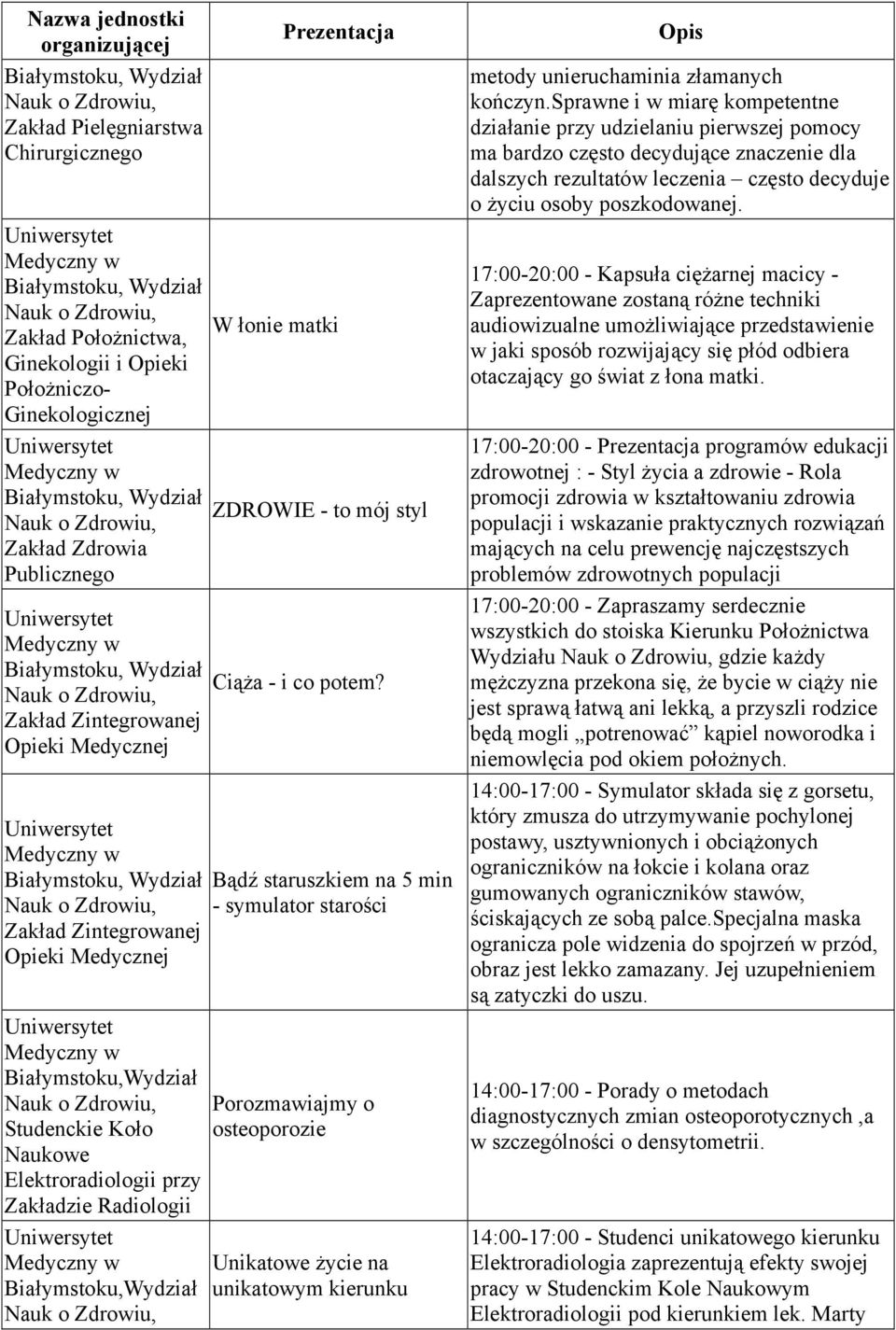 Bądź staruszkiem na 5 min - symulator starości Porozmawiajmy o osteoporozie Unikatowe życie na unikatowym kierunku metody unieruchaminia złamanych kończyn.