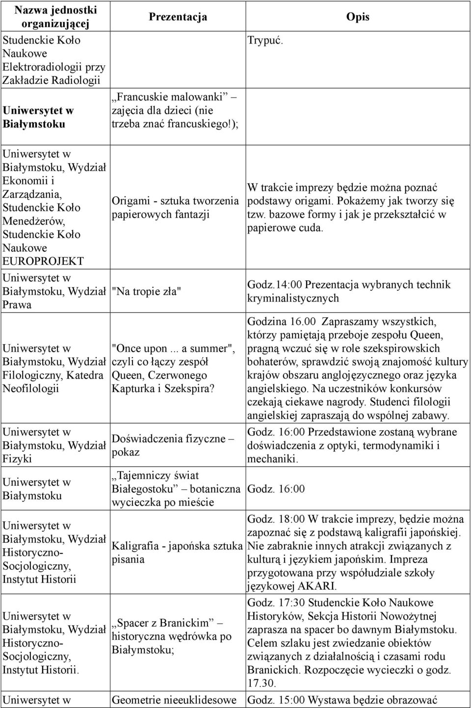 Historii w, Wydział Historyczno- Socjologiczny, Instytut Historii. w Origami - sztuka tworzenia papierowych fantazji "Na tropie zła" "Once upon.