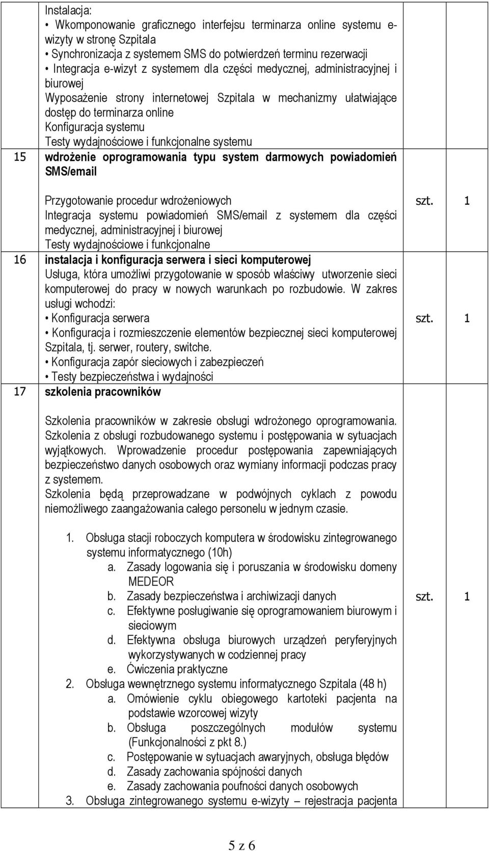 systemu 15 wdrożenie oprogramowania typu system darmowych powiadomień SMS/email Przygotowanie procedur wdrożeniowych Integracja systemu powiadomień SMS/email z systemem dla części medycznej,