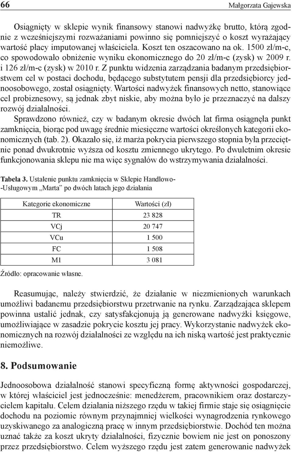 Z punktu widzenia zarządzania badanym przedsiębiorstwem cel w postaci dochodu, będącego substytutem pensji dla przedsiębiorcy jednoosobowego, został osiągnięty.