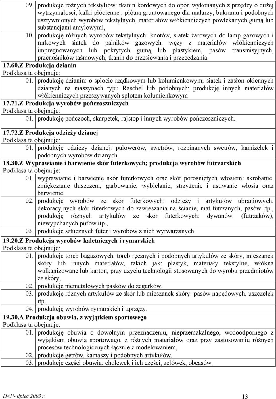 produkcję różnych wyrobów tekstylnych: knotów, siatek żarowych do lamp gazowych i rurkowych siatek do palników gazowych, węży z materiałów włókienniczych impregnowanych lub pokrytych gumą lub