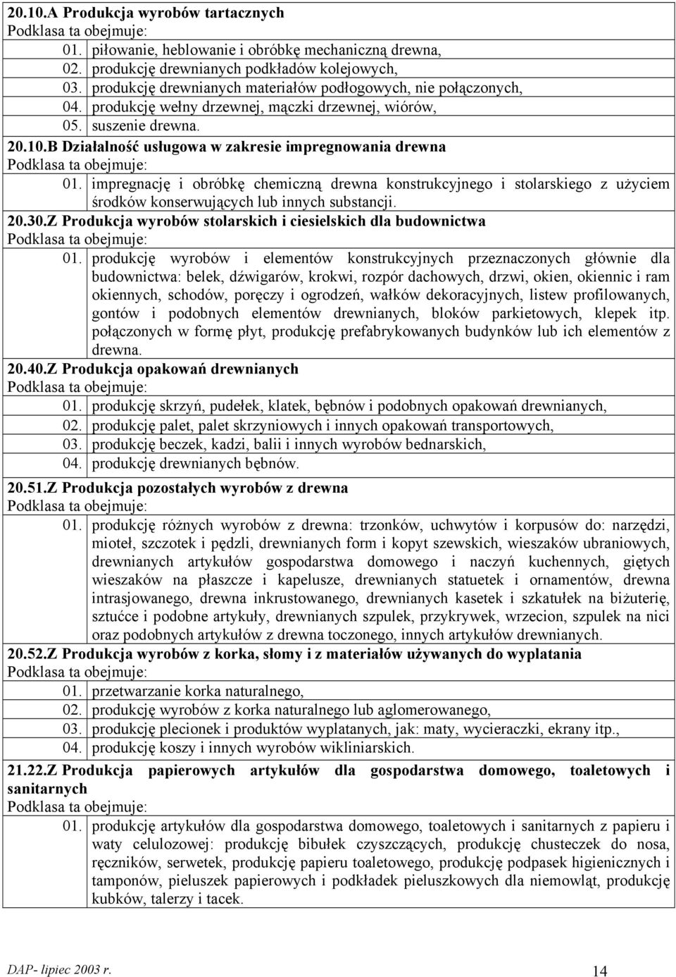 B Działalność usługowa w zakresie impregnowania drewna 01. impregnację i obróbkę chemiczną drewna konstrukcyjnego i stolarskiego z użyciem środków konserwujących lub innych substancji. 20.30.