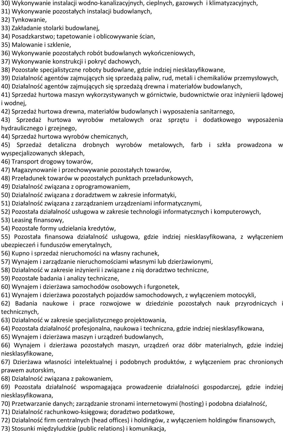 Pozostałe specjalistyczne roboty budowlane, gdzie indziej 39) Działalność agentów zajmujących się sprzedażą paliw, rud, metali i chemikaliów przemysłowych, 40) Działalność agentów zajmujących się