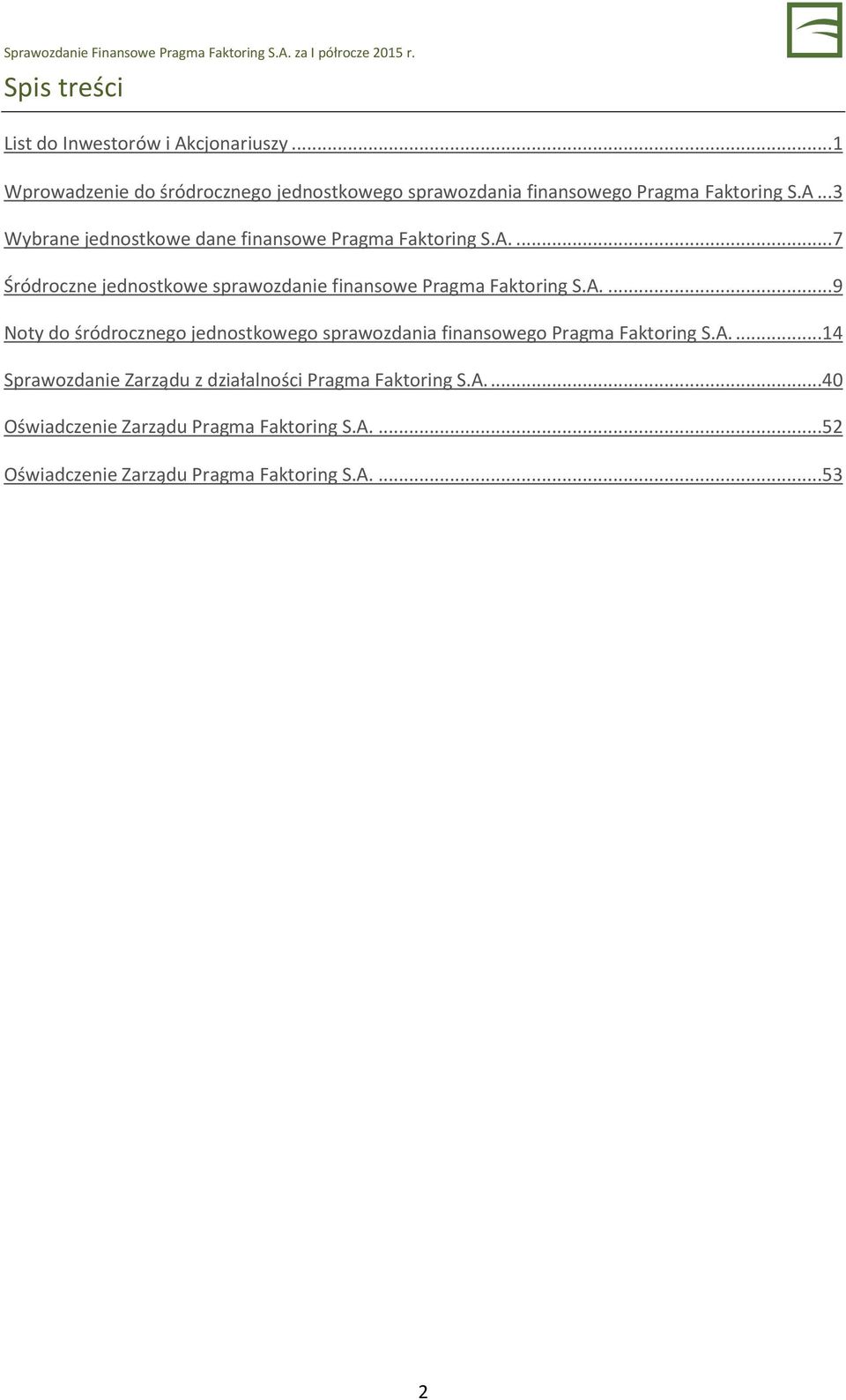 .. 3 Wybrane jednostkowe dane finansowe Pragma Faktoring S.A.... 7 Śródroczne jednostkowe sprawozdanie finansowe Pragma Faktoring S.