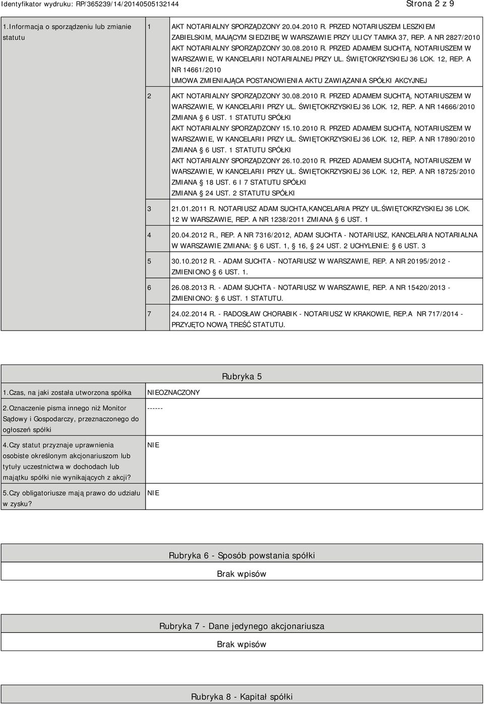 A NR 14661/2010 UMOWA ZMIENIAJĄCA POSTANOWIENIA AKTU ZAWIĄZANIA SPÓŁKI AKCYJNEJ 2 AKT NOTARIALNY SPORZĄDZONY 30.08.2010 R. PRZED ADAMEM SUCHTĄ, NOTARIUSZEM W WARSZAWIE, W KANCELARII PRZY UL.