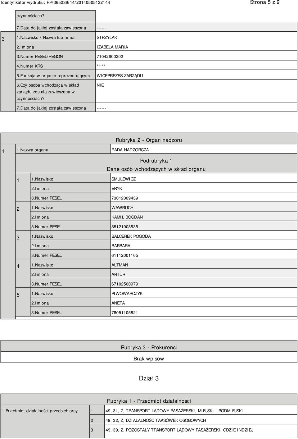 Nazwa organu RADA NADZORCZA Podrubryka 1 Dane osób wchodzących w skład organu 1 1.Nazwisko SMULEWICZ ERYK 3.Numer PESEL 73012009439 2 1.Nazwisko WAWRUCH KAMIL BOGDAN 3.Numer PESEL 85121008535 3 1.