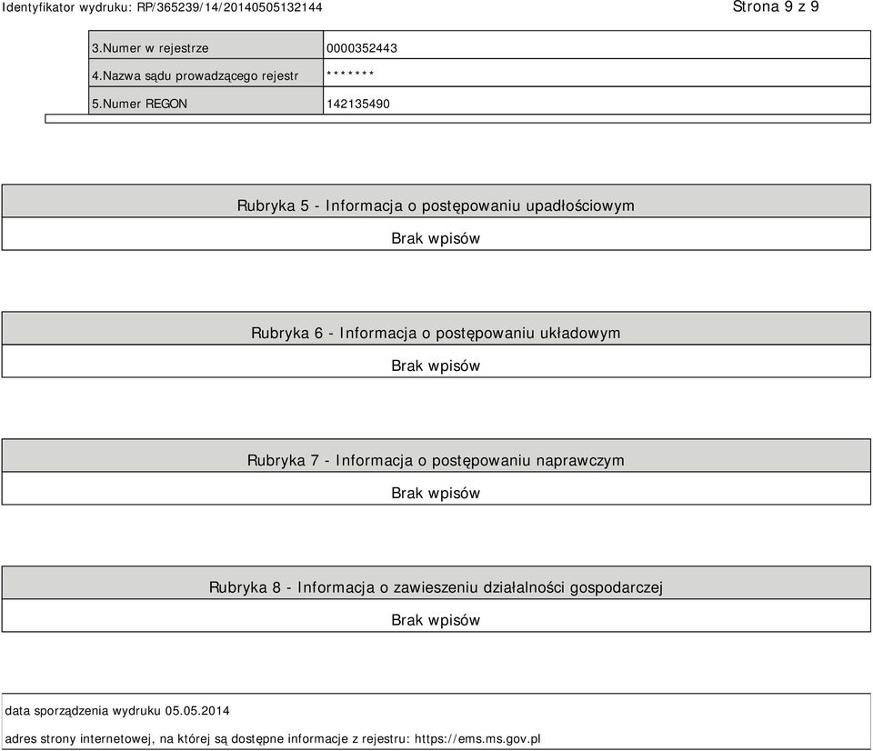 układowym Rubryka 7 - Informacja o postępowaniu naprawczym Rubryka 8 - Informacja o zawieszeniu działalności