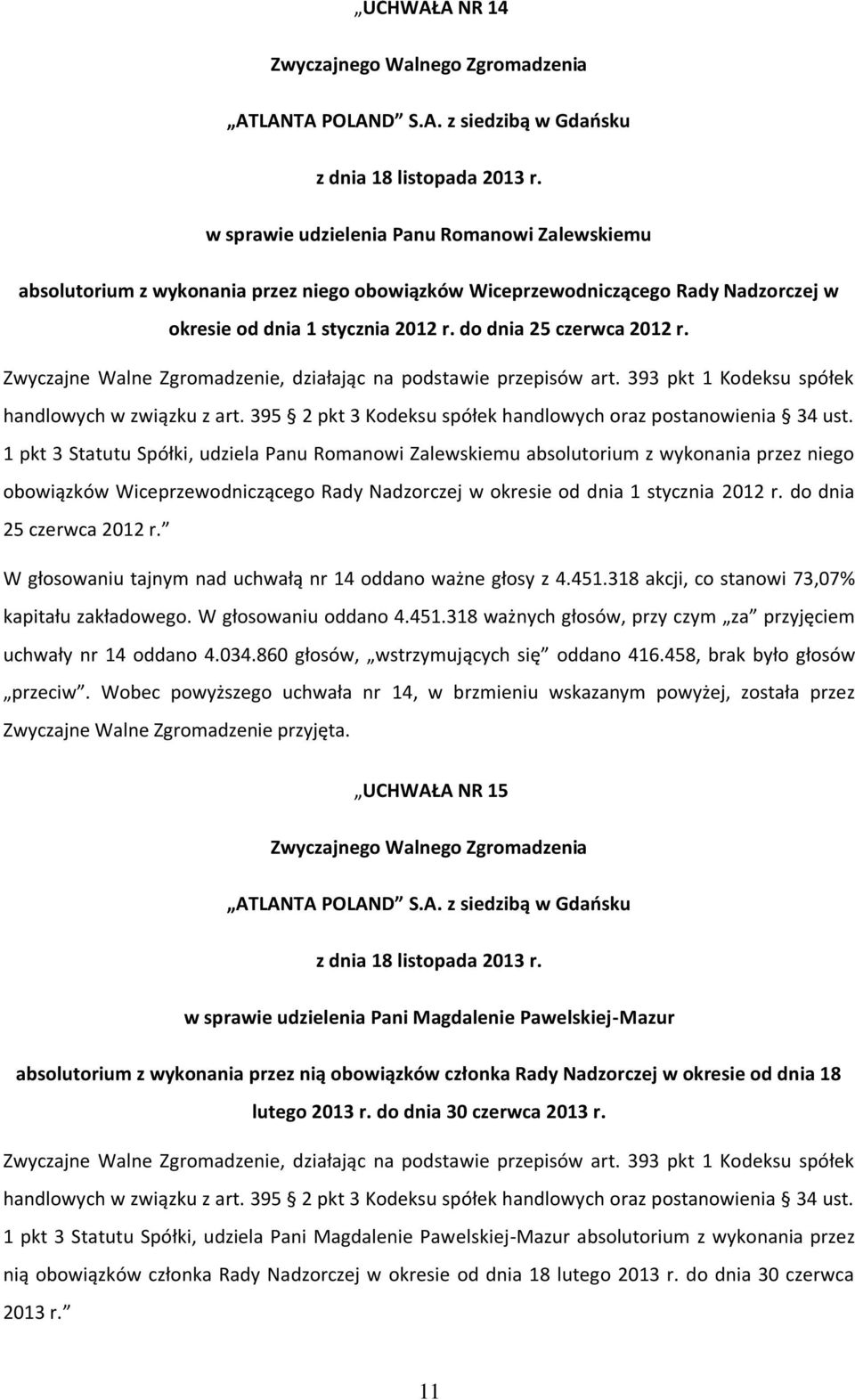 1 pkt 3 Statutu Spółki, udziela Panu Romanowi Zalewskiemu absolutorium z wykonania przez niego obowiązków Wiceprzewodniczącego Rady Nadzorczej w okresie od dnia 1 stycznia 2012 r.