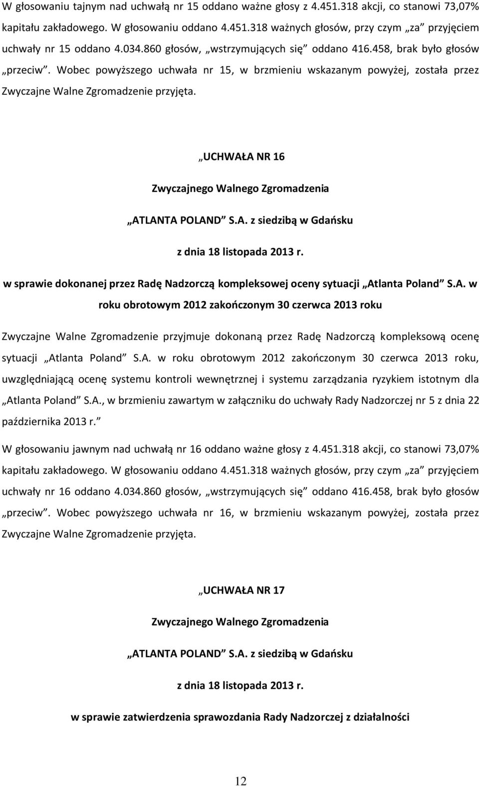 A NR 16 w sprawie dokonanej przez Radę Nadzorczą kompleksowej oceny sytuacji Atlanta Poland S.A. w roku obrotowym 2012 zakończonym 30 czerwca 2013 roku Zwyczajne Walne Zgromadzenie przyjmuje dokonaną przez Radę Nadzorczą kompleksową ocenę sytuacji Atlanta Poland S.