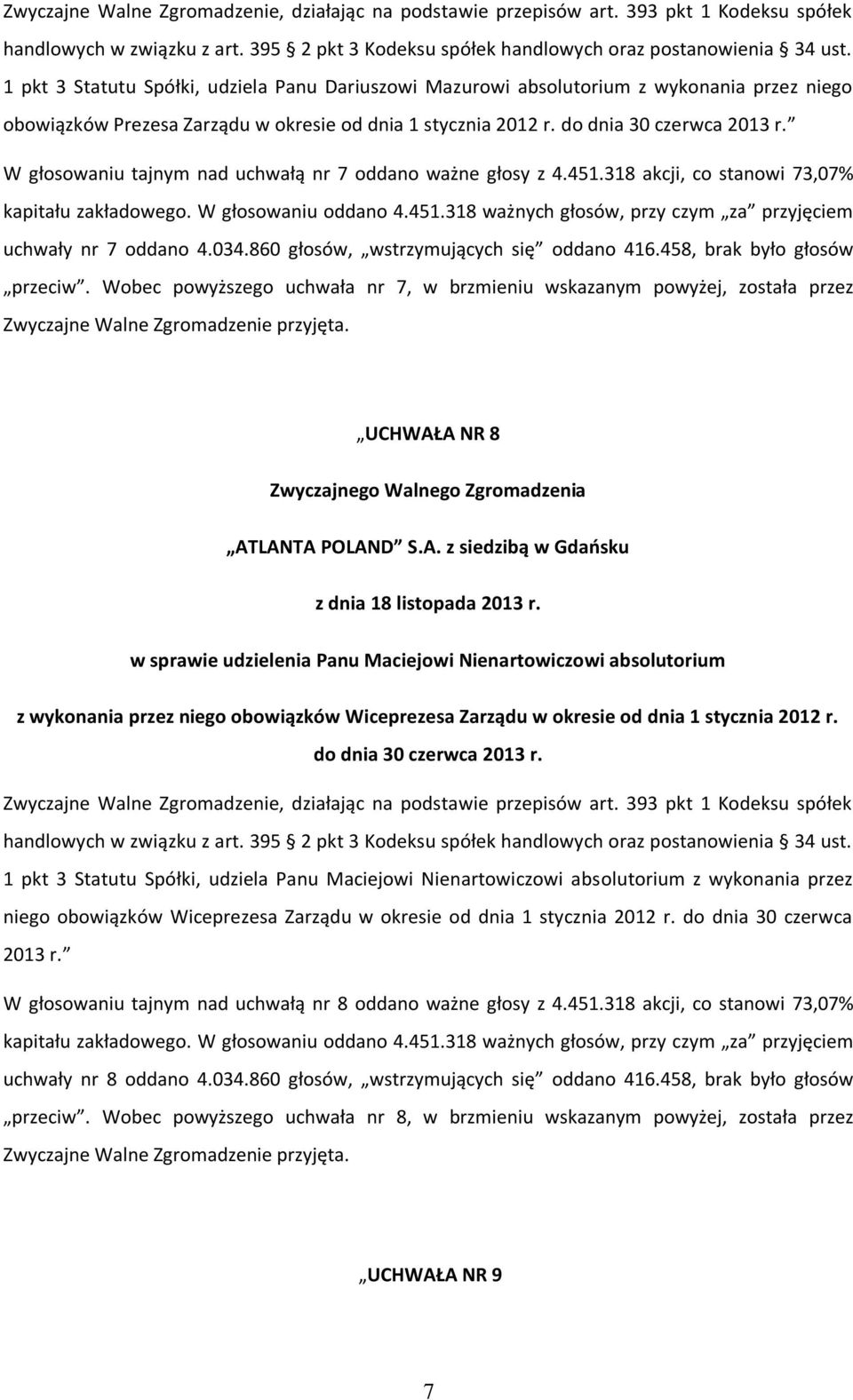 Wobec powyższego uchwała nr 7, w brzmieniu wskazanym powyżej, została przez UCHWAŁA NR 8 w sprawie udzielenia Panu Maciejowi Nienartowiczowi absolutorium z wykonania przez niego obowiązków