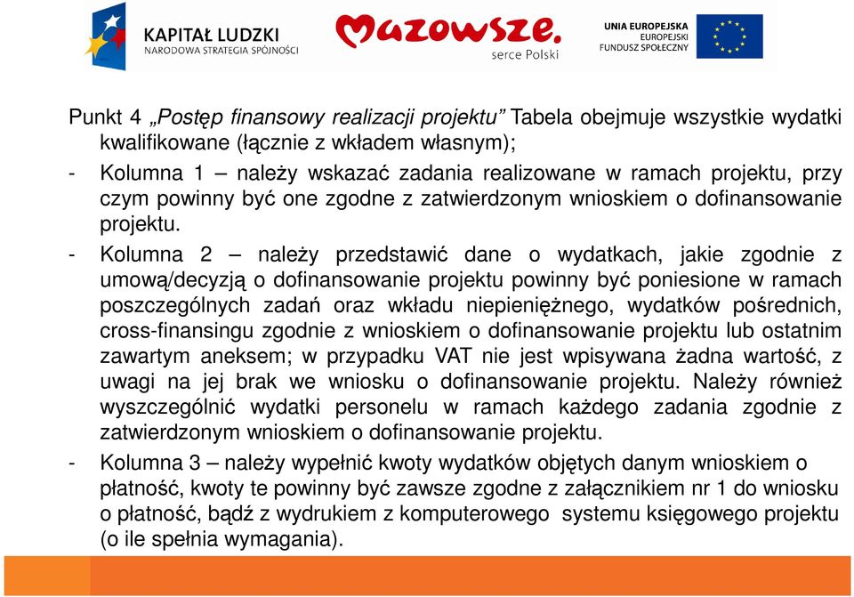 - Kolumna 2 należy przedstawić dane o wydatkach, jakie zgodnie z umową/decyzją o dofinansowanie projektu powinny być poniesione w ramach poszczególnych zadań oraz wkładu niepieniężnego, wydatków