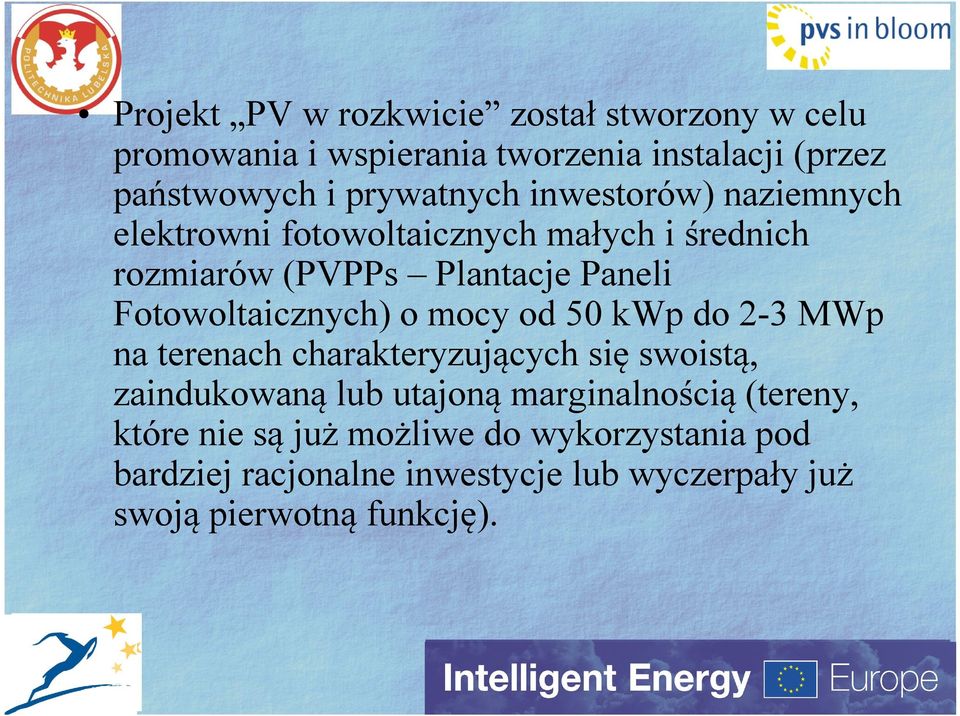 Fotowoltaicznych) o mocy od 50 kwp do 2-3 MWp na terenach charakteryzujących się swoistą, zaindukowaną lub utajoną