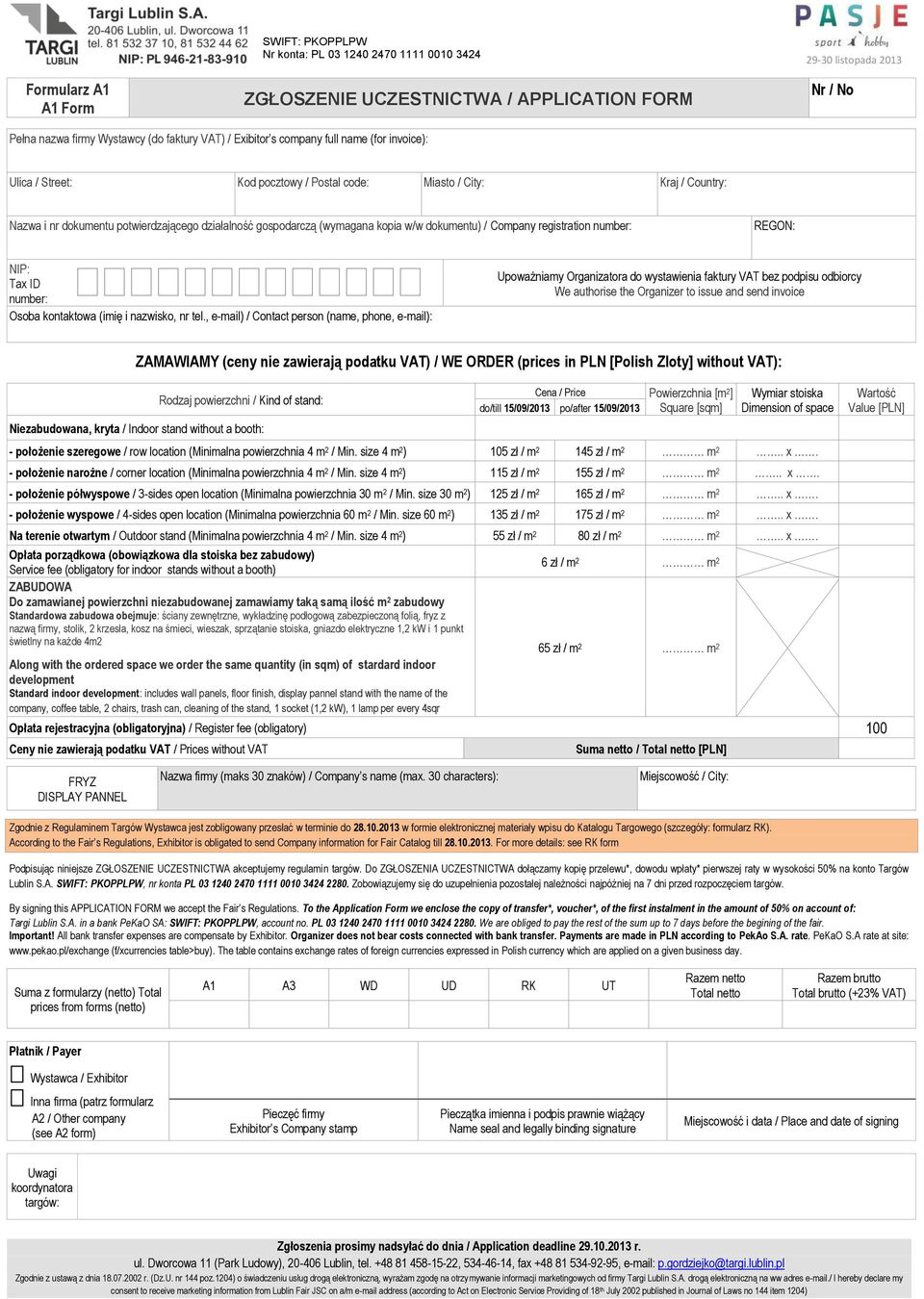 Organizer to issue and send invoice number: Osoba kontaktowa (imię i nazwisko, nr tel.