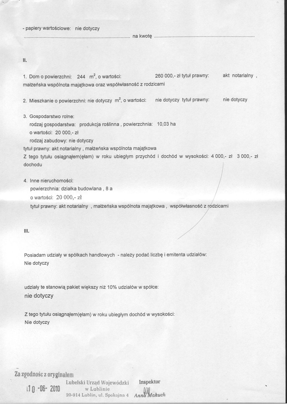 Gospodarstwo rolne: rodzaj gospodarstwa: produkcja roślinna, powierzchnia: 10,03 ha o wartości: 20 000,- zł rodzaj zabudowy: tytuł prawny: akt notarialny, małżeńska wspólnota majątkowa Z tego tytułu