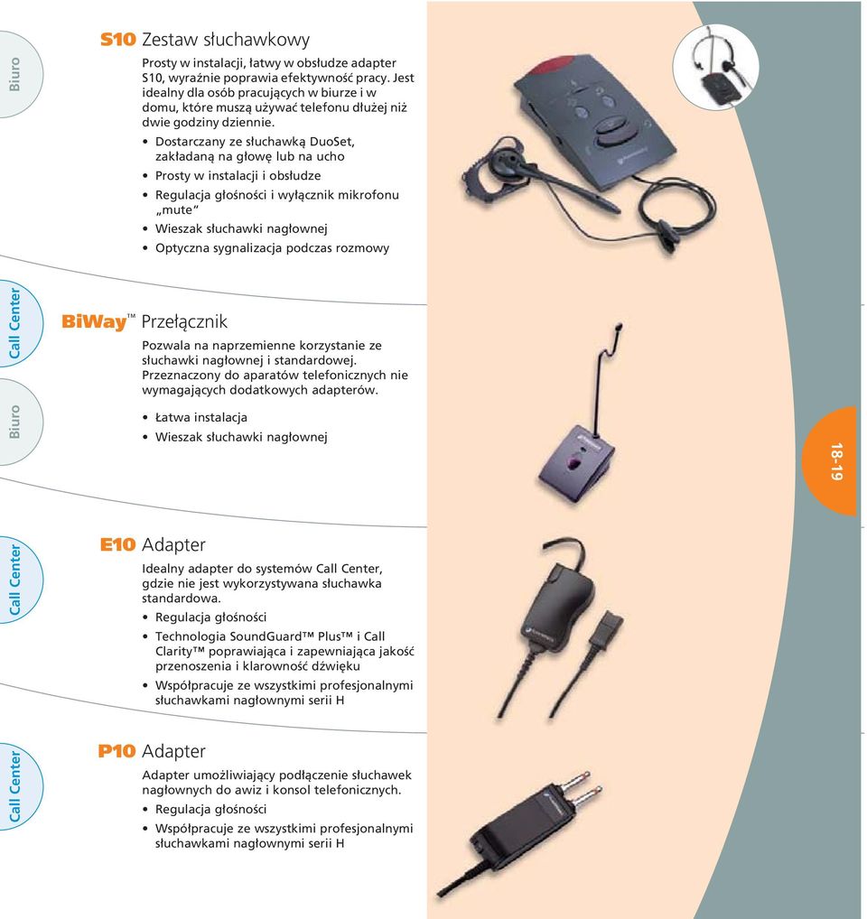 Dostarczany ze s uchawkà DuoSet, zak adanà na g ow lub na ucho Prosty w instalacji i obs udze Regulacja g oênoêci i wy àcznik mikrofonu mute Wieszak s uchawki nag ownej Optyczna sygnalizacja podczas