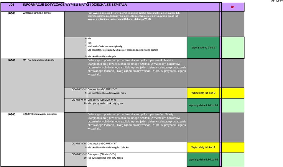 (defncja WHO) 2 Matka odmówła karmena persą 4 Dla pacjentek, które zmarły lub zostały przenesone do nnego szptala Wpsz kod od 0 do 9 J0602 MATKA: data wypsu lub zgonu Data wypsu pownna być podana dla