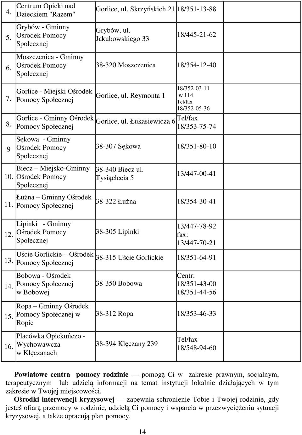 Gorlice - Miejski O rodek Pomocy Społecznej Gorlice - Gminny O rodek Pomocy Społecznej S kowa - Gminny O rodek Pomocy Społecznej Biecz Miejsko-Gminny O rodek Pomocy Społecznej Łu na Gminny O rodek