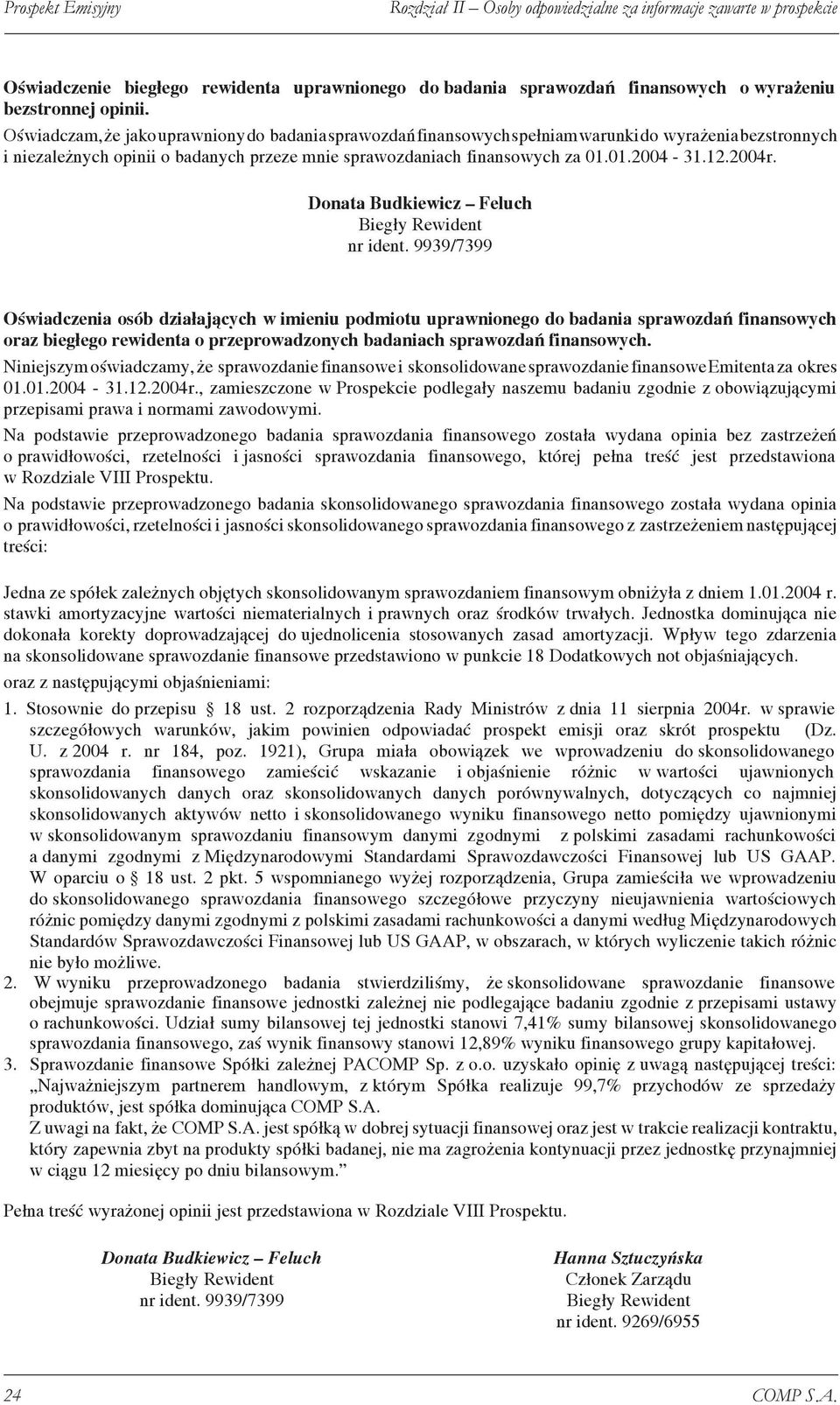 2004r. Oświadczenia osób działających w imieniu podmiotu uprawnionego do badania sprawozdań finansowych oraz biegłego rewidenta o przeprowadzonych badaniach sprawozdań finansowych.