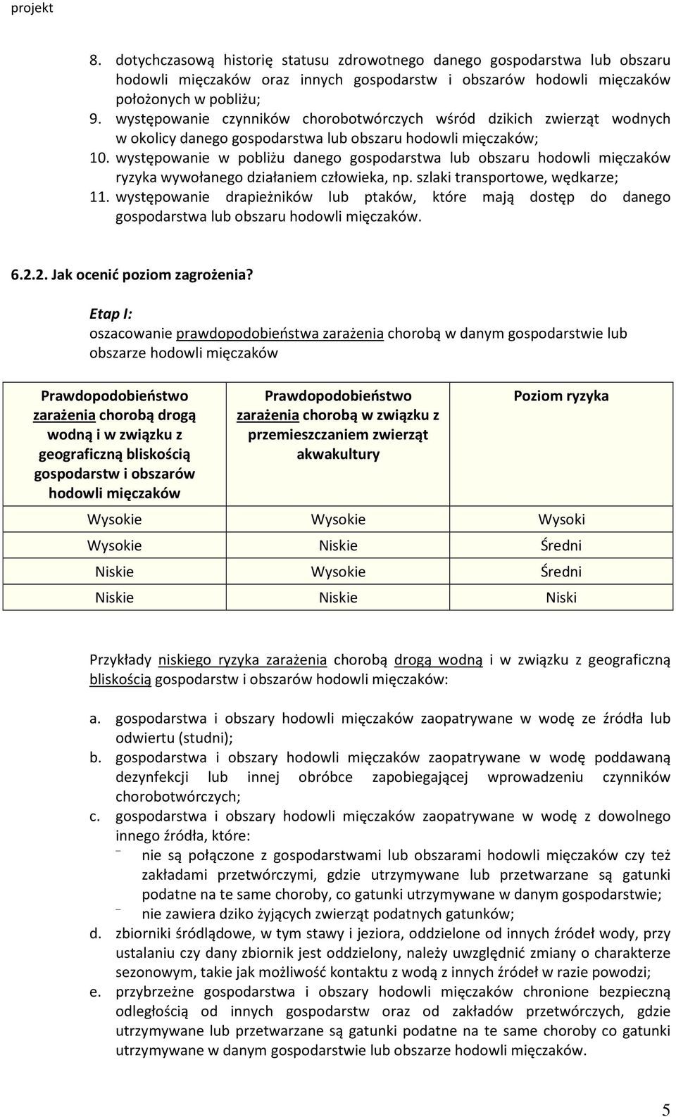 występowanie w pobliżu danego gospodarstwa lub obszaru hodowli mięczaków ryzyka wywołanego działaniem człowieka, np. szlaki transportowe, wędkarze; 11.