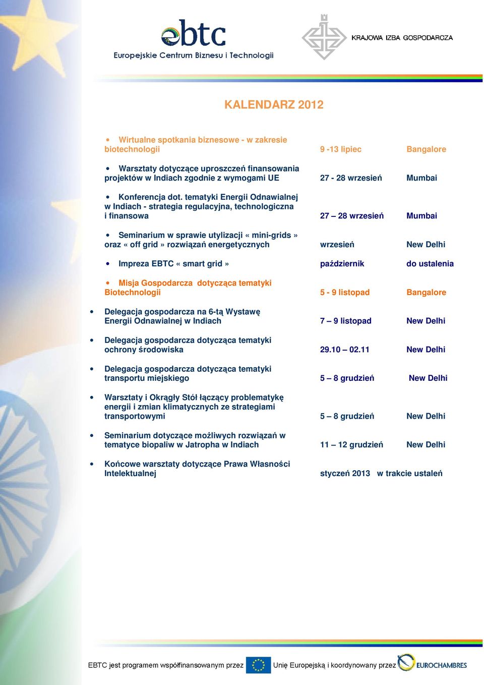 tematyki Energii Odnawialnej w Indiach - strategia regulacyjna, technologiczna i finansowa 27 28 wrzesień Mumbai Seminarium w sprawie utylizacji «mini-grids» oraz «off grid» rozwiązań energetycznych