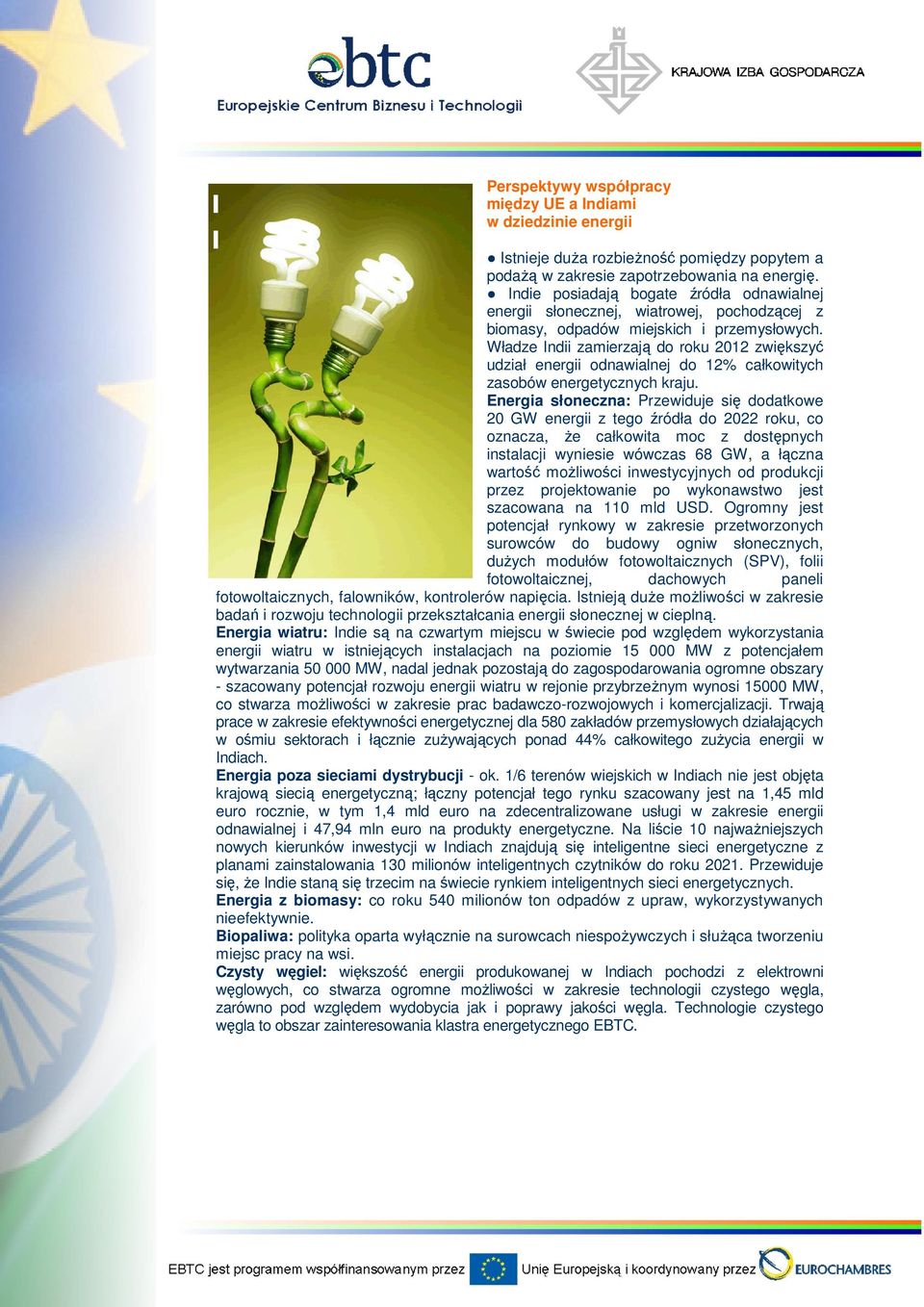 Władze Indii zamierzają do roku 2012 zwiększyć udział energii odnawialnej do 12% całkowitych zasobów energetycznych kraju.