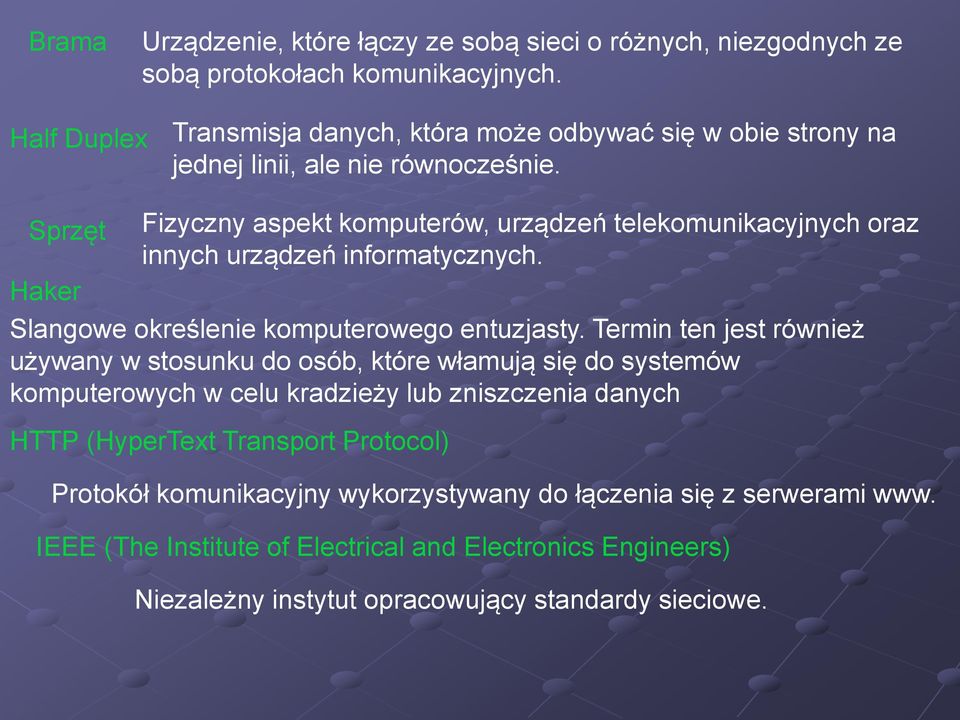 Sprzęt Fizyczny aspekt komputerów, urządzeń telekomunikacyjnych oraz innych urządzeń informatycznych. Haker Slangowe określenie komputerowego entuzjasty.