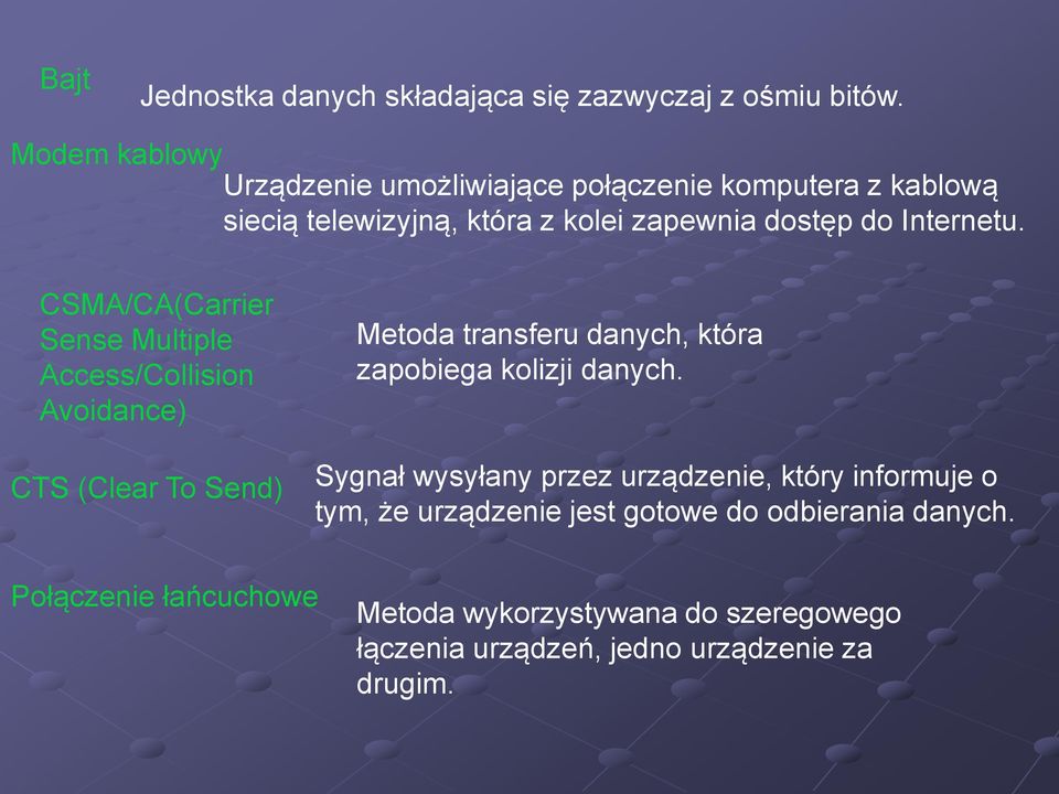 CSMA/CA(Carrier Sense Multiple Access/Collision Avoidance) CTS (Clear To Send) Metoda transferu danych, która zapobiega kolizji danych.