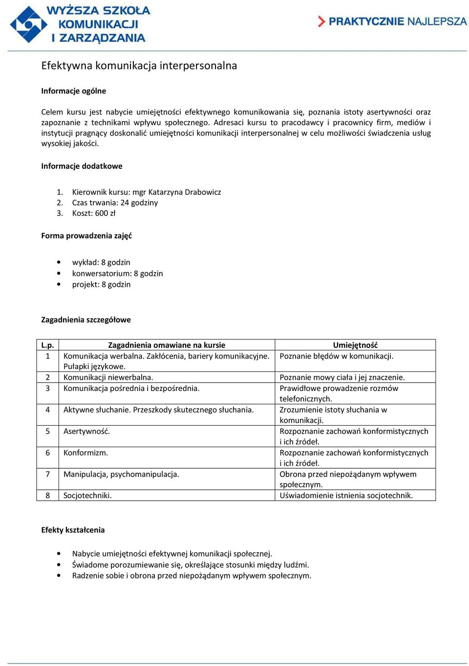 Kierownik kursu: mgr Katarzyna Drabowicz 2. Czas trwania: 24 godziny 3. Koszt: 600 zł wykład: 8 godzin konwersatorium: 8 godzin projekt: 8 godzin 1 Komunikacja werbalna.