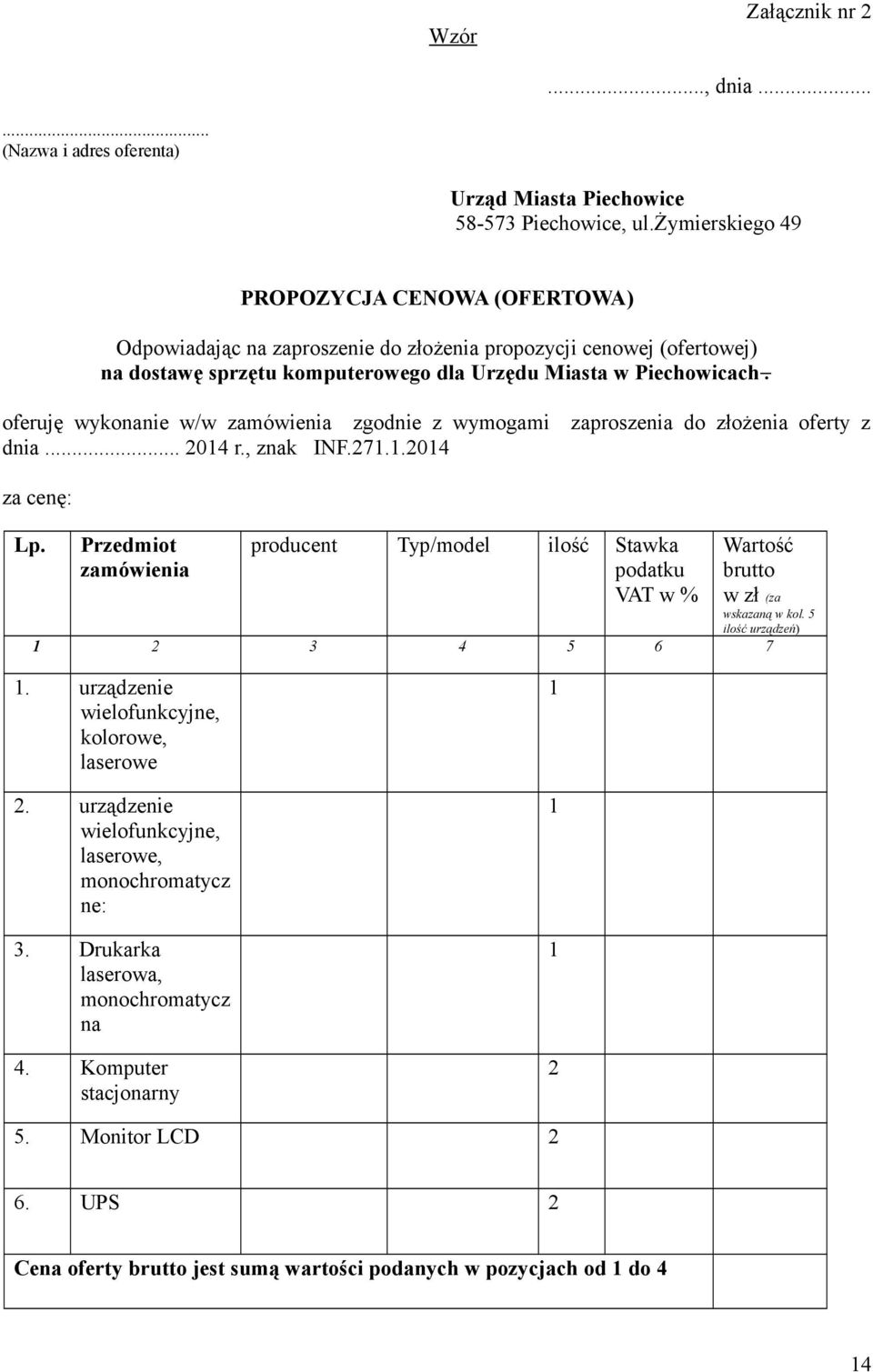 oferuję wykonanie w/w zamówienia zgodnie z wymogami zaproszenia do złożenia oferty z dnia... 2014 r., znak INF.271.1.2014 za cenę: Lp.