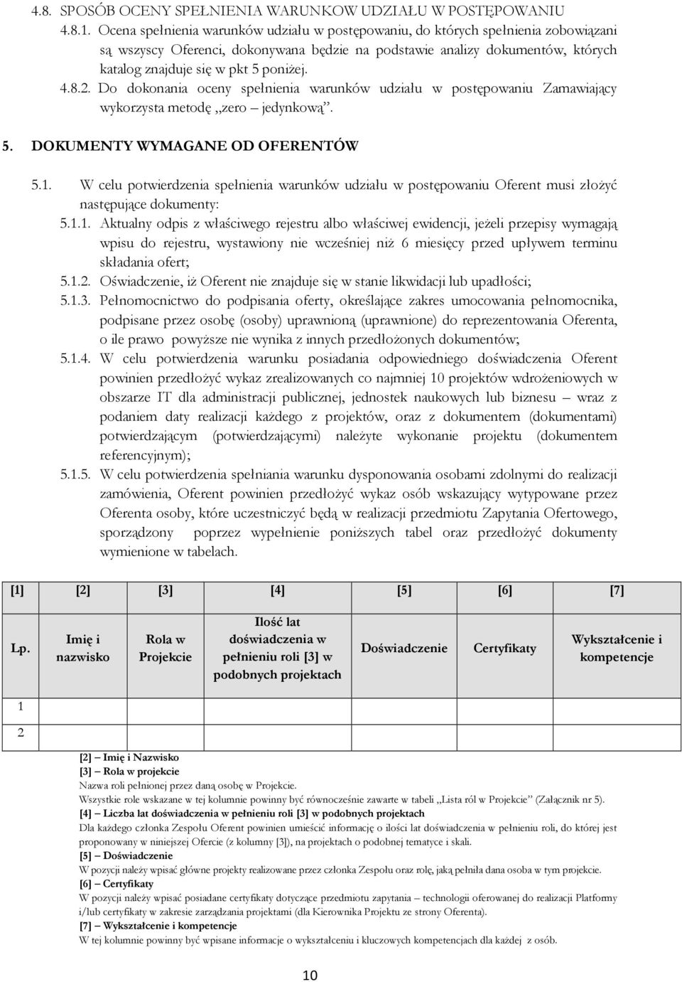 poniŝej. 4.8.2. Do dokonania oceny spełnienia warunków udziału w postępowaniu Zamawiający wykorzysta metodę zero jedynkową. 5. DOKUMENTY WYMAGANE OD OFERENTÓW 5.1.