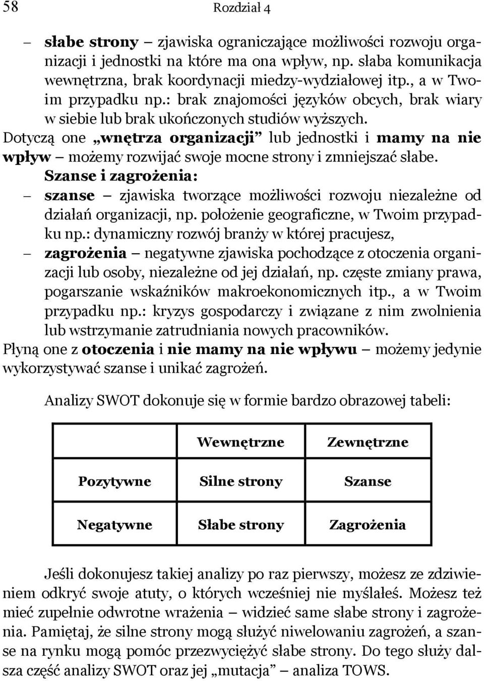 Dotyczą one wnętrza organizacji lub jednostki i mamy na nie wpływ możemy rozwijać swoje mocne strony i zmniejszać słabe.