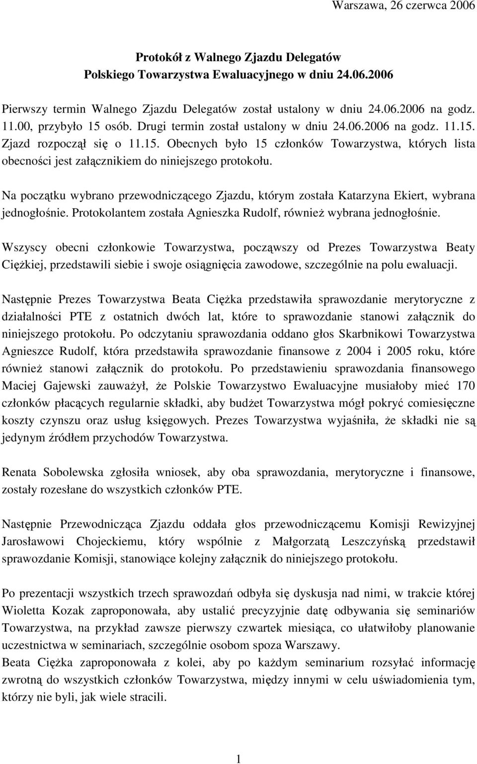 Na początku wybrano przewodniczącego Zjazdu, którym została Katarzyna Ekiert, wybrana jednogłośnie. Protokolantem została Agnieszka Rudolf, równieŝ wybrana jednogłośnie.