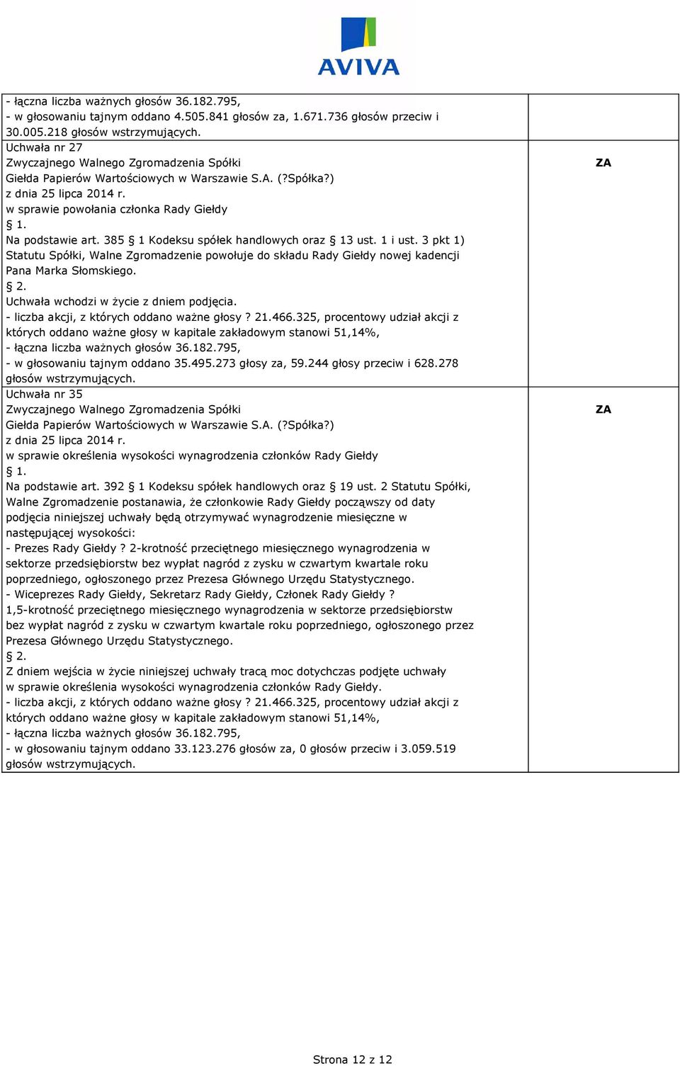 278 Uchwała nr 35 w sprawie określenia wysokości wynagrodzenia członków Rady Giełdy Na podstawie art. 392 1 Kodeksu spółek handlowych oraz 19 ust.