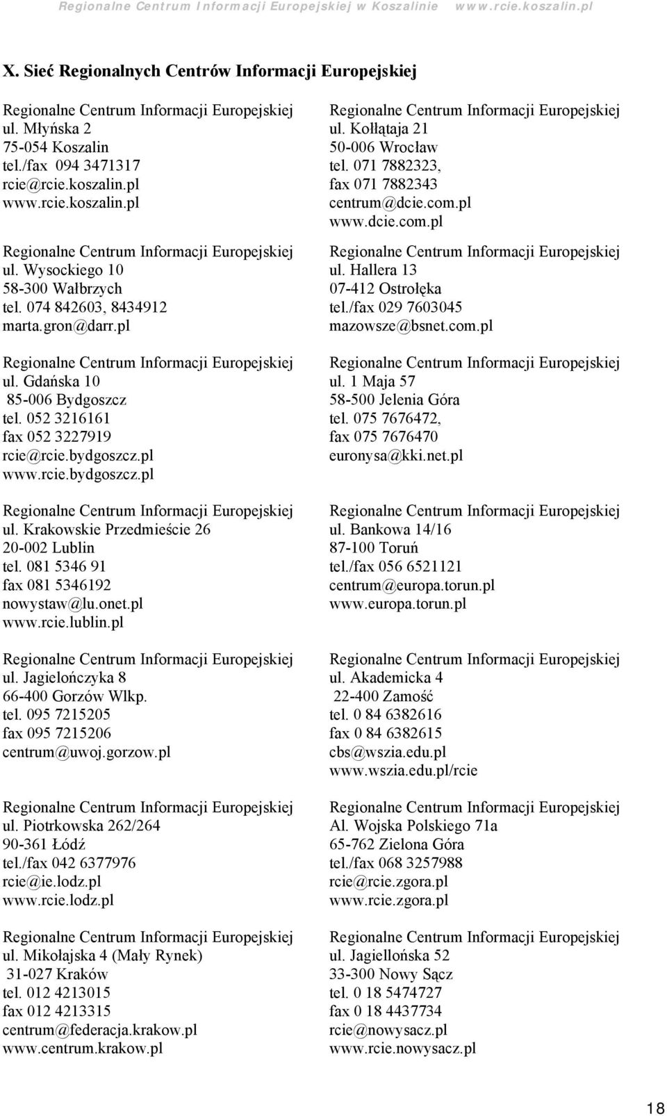 081 5346 91 fax 081 5346192 nowystaw@lu.onet.pl www.rcie.lublin.pl ul. Jagieloń czyka 8 66-400 Gorzó w Wlkp. tel. 095 7215205 fax 095 7215206 centrum@uwoj.gorzow.pl ul. Piotrkowska 262/264 90-361 Ł ódź tel.