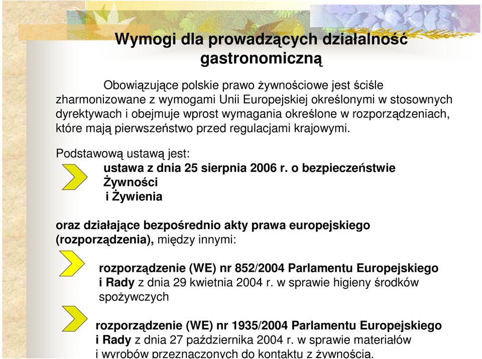 o bezpieczeństwie Żywności i Żywienia oraz działające bezpośrednio akty prawa europejskiego (rozporządzenia), między innymi: rozporządzenie (WE) nr 852/2004 Parlamentu Europejskiego i Rady z