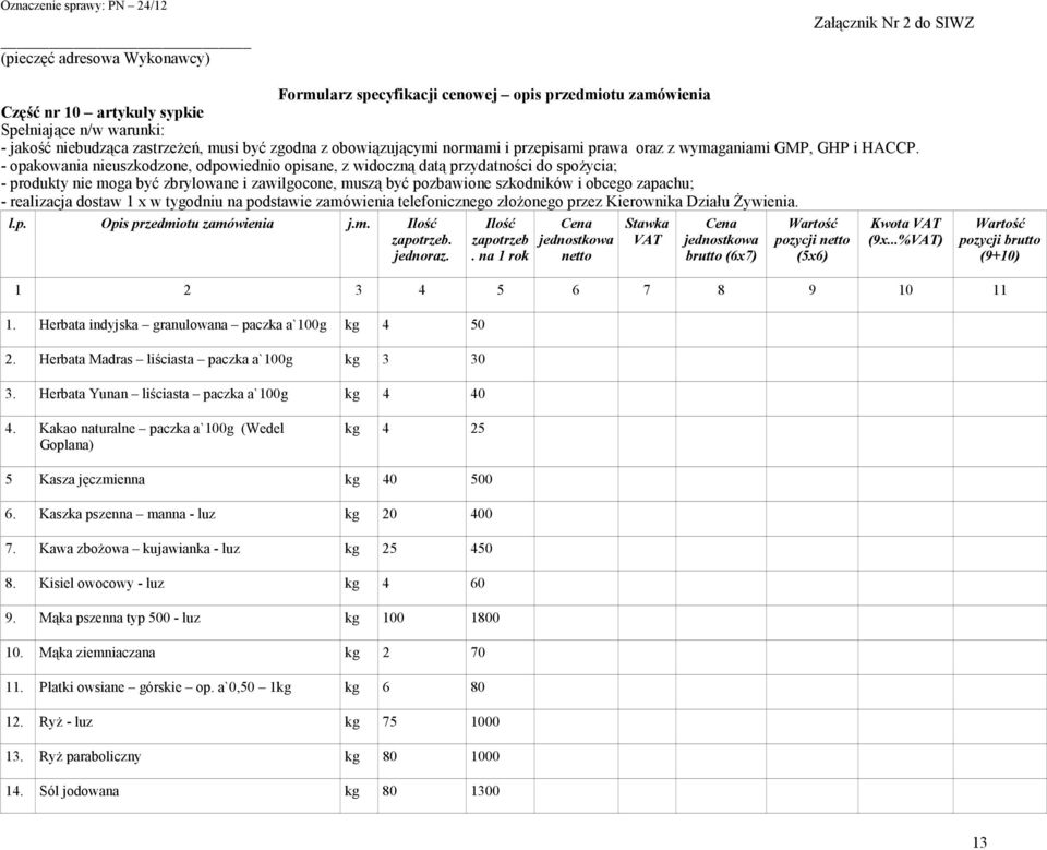 realizacja dostaw 1 x w tygodniu na podstawie zamówienia telefonicznego złoŝonego przez Kierownika Działu śywienia. zapotrzeb. na 1 rok brutto (6x7) pozycji (9x...%) 1.