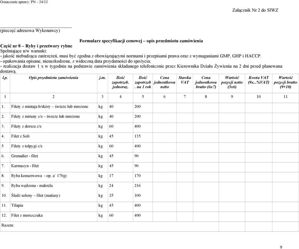 2 dni przed planowana dostawą. zapotrzeb. na 1 rok brutto (6x7) pozycji (9x...%) 1. Filety z mintaja b/skóry świeŝe lub mroŝone kg 40 200 2. Filety z miruny z/s świeŝe lub mroŝone kg 40 200 3.