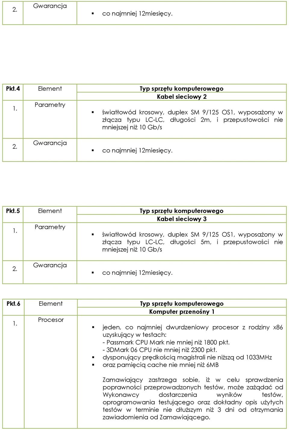 6 Procesor Komputer przenośny 1 jeden, co najmniej dwurdzeniowy procesor z rodziny x86 uzyskujący w testach: - Passmark CPU Mark nie mniej niŝ 1800 pkt. - 3DMark 06 CPU nie mniej niŝ 2300 pkt.