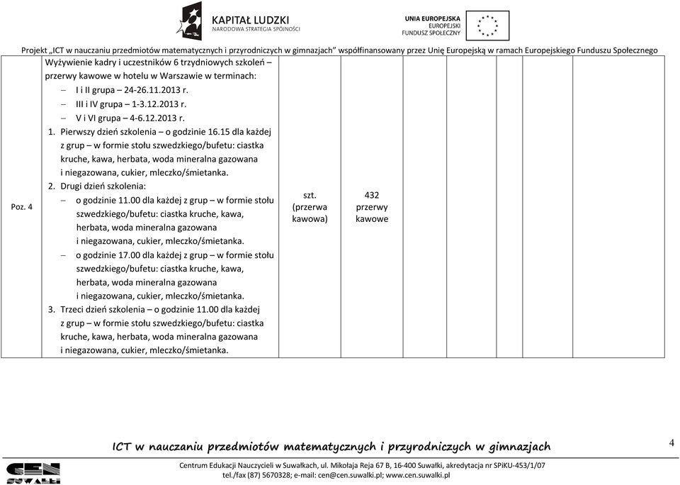 00 dla każdej z grup w formie stołu szwedzkiego/bufetu: ciastka kruche, kawa, herbata, woda mineralna gazowana o godzinie 17.