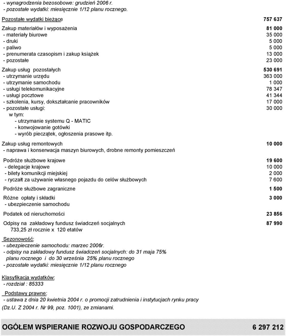 usług pozostałych 530 691 - utrzymanie urzędu 363 000 - utrzymanie samochodu 1 000 - usługi telekomunikacyjne 78 347 - usługi pocztowe 41 344 - szkolenia, kursy, dokształcanie pracowników 17 000 -