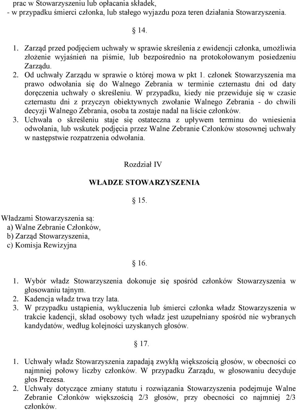 Od uchwały Zarządu w sprawie o której mowa w pkt 1. członek Stowarzyszenia ma prawo odwołania się do Walnego Zebrania w terminie czternastu dni od daty doręczenia uchwały o skreśleniu.