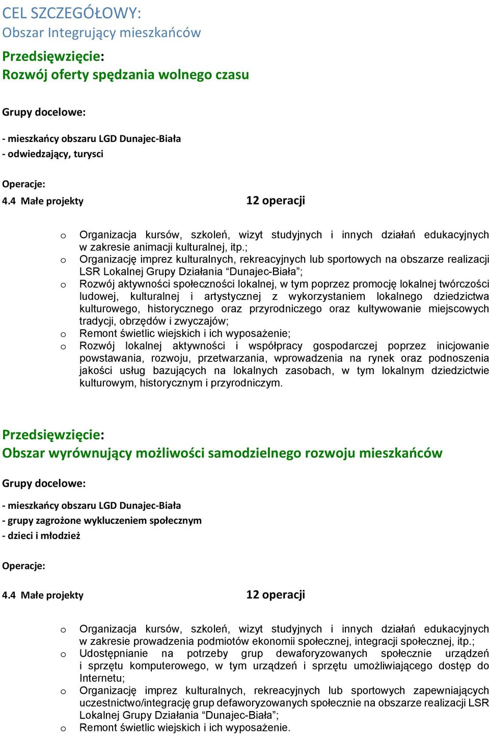 ; Organizację imprez kulturalnych, rekreacyjnych lub sprtwych na bszarze realizacji LSR Lkalnej Grupy Działania Dunajec-Biała ; Rzwój aktywnści spłecznści lkalnej, w tym pprzez prmcję lkalnej