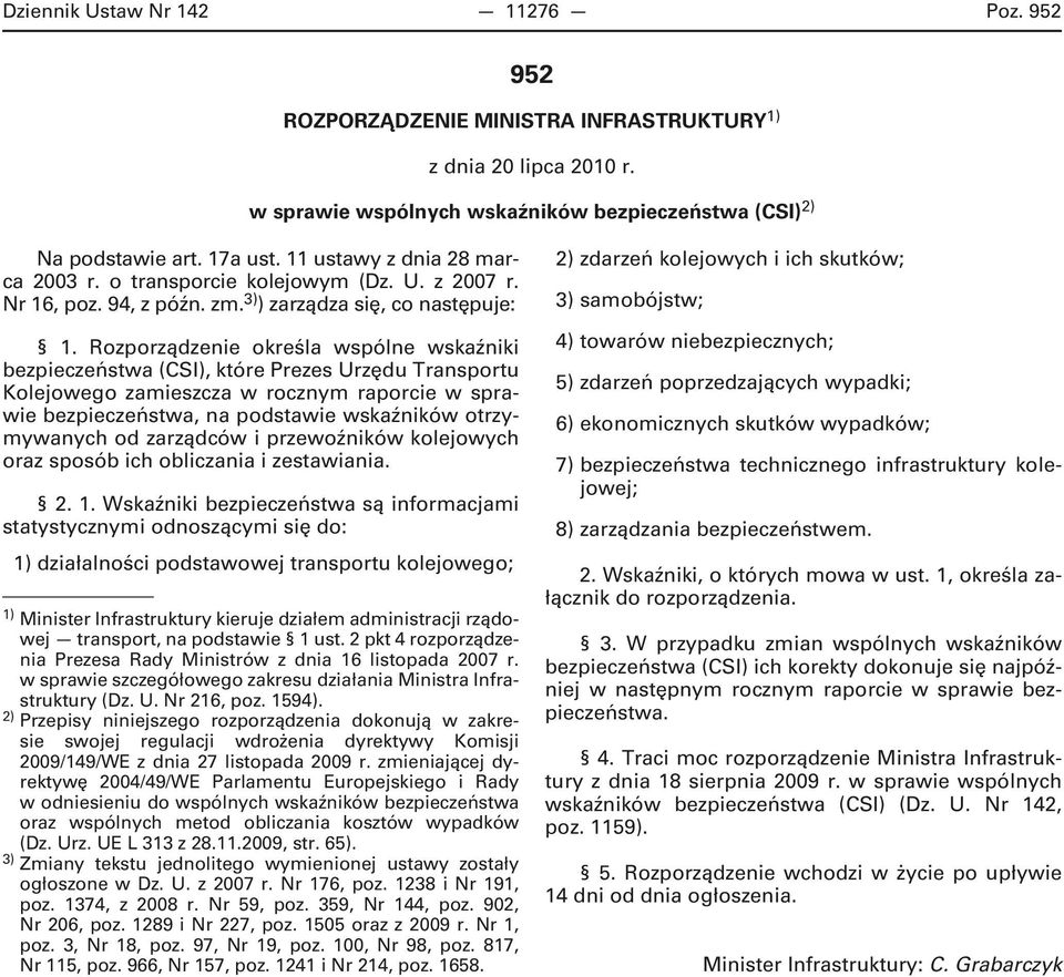 Rozporządzenie określa wspólne wskaźniki bezpieczeństwa (CSI), które Prezes Urzędu Transportu Kolejowego zamieszcza w rocznym raporcie w sprawie bezpieczeństwa, na podstawie wskaźników otrzymywanych