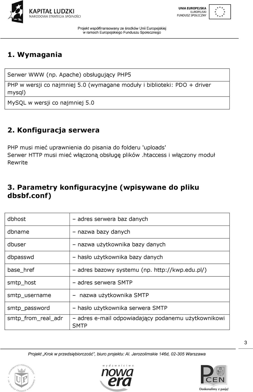 Parametry konfiguracyjne (wpisywane do pliku dbsbf.