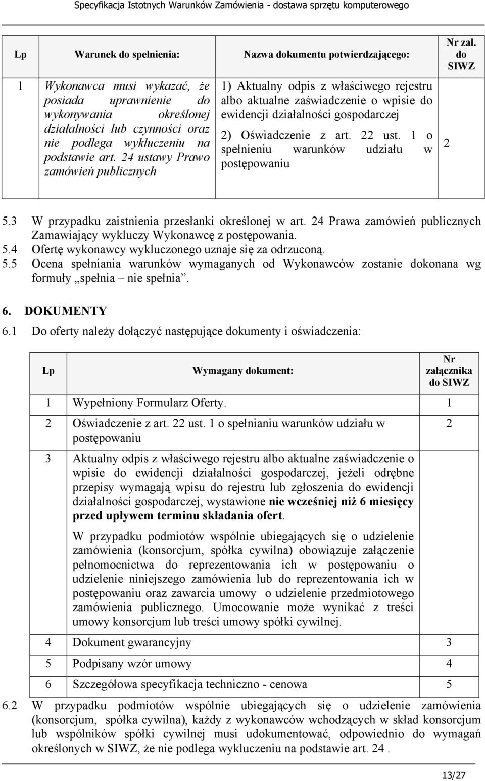 1 o spełnieniu warunków udziału w postępowaniu Nr zał. do SIWZ 2 5.3 W przypadku zaistnienia przesłanki określonej w art. 24 Prawa zamówień publicznych Zamawiający wykluczy Wykonawcę z postępowania.