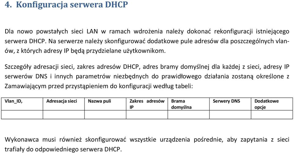 Szczegóły adresacji sieci, zakres adresów DHCP, adres bramy domyślnej dla każdej z sieci, adresy IP serwerów DNS i innych parametrów niezbędnych do prawidłowego działania zostaną określone