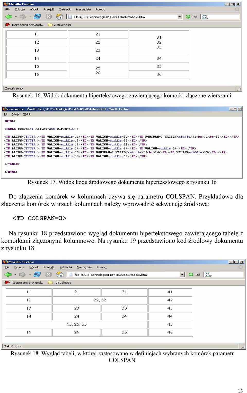 Przykładowo dla złączenia komórek w trzech kolumnach należy wprowadzić sekwencję źródłową: <TD COLSPAN=3> Na rysunku 18 przedstawiono wygląd dokumentu